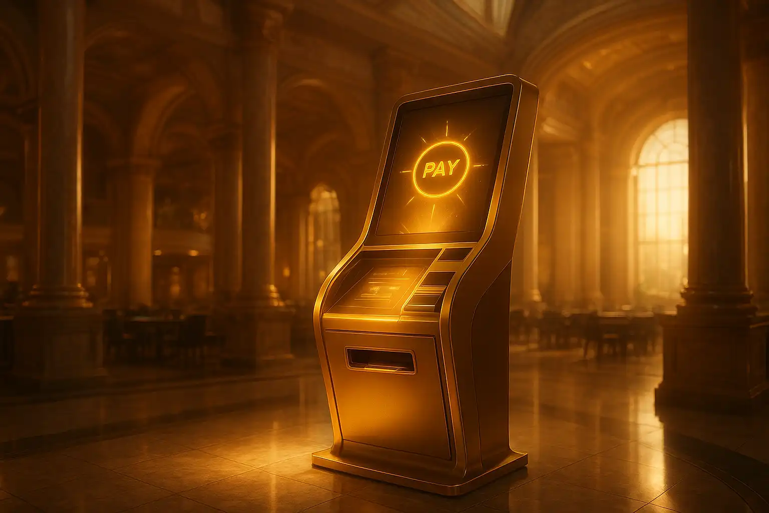 Golden cashier counter in a casino atrium with instant payment terminals