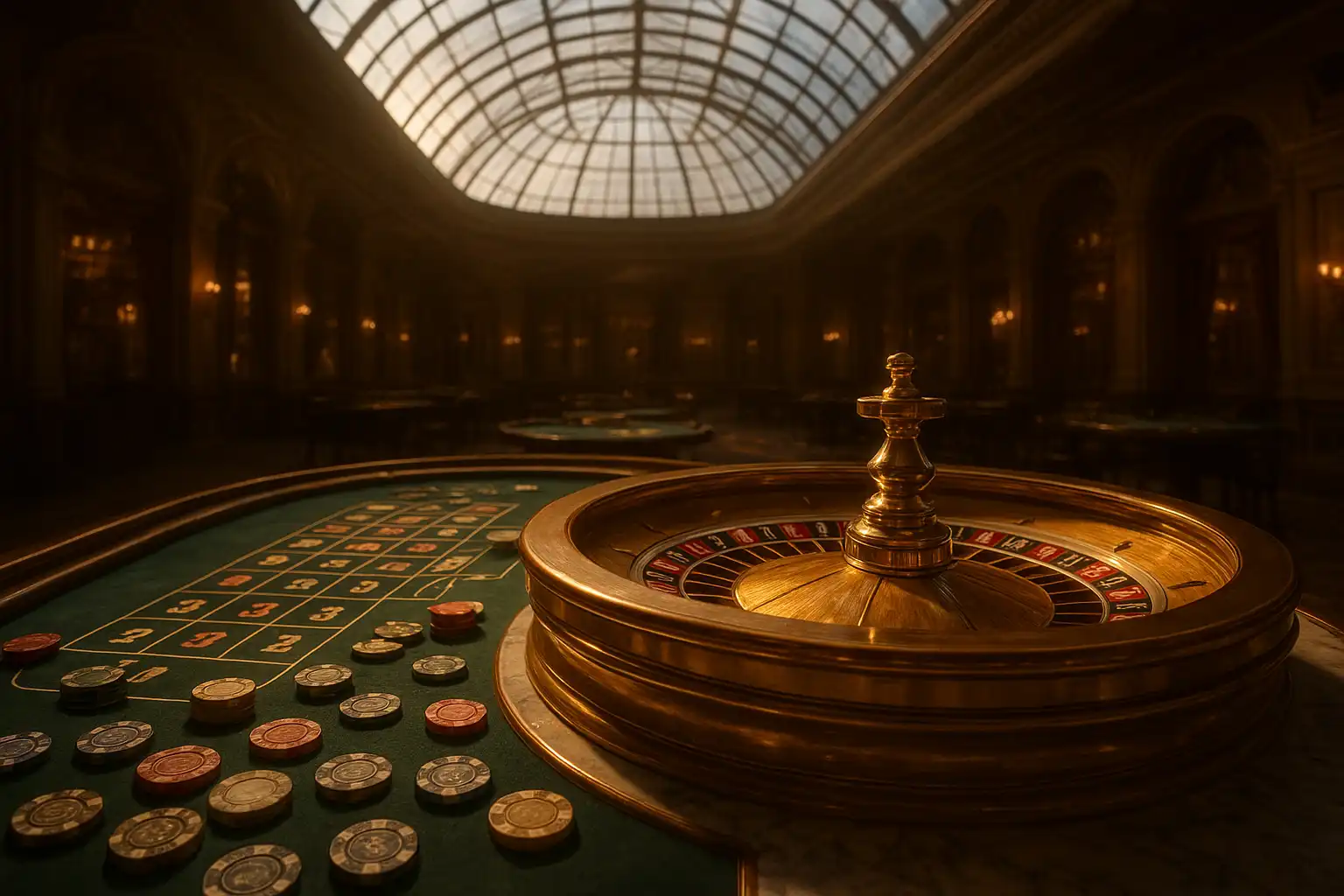 Golden roulette wheel on a marble table under an atrium ceiling