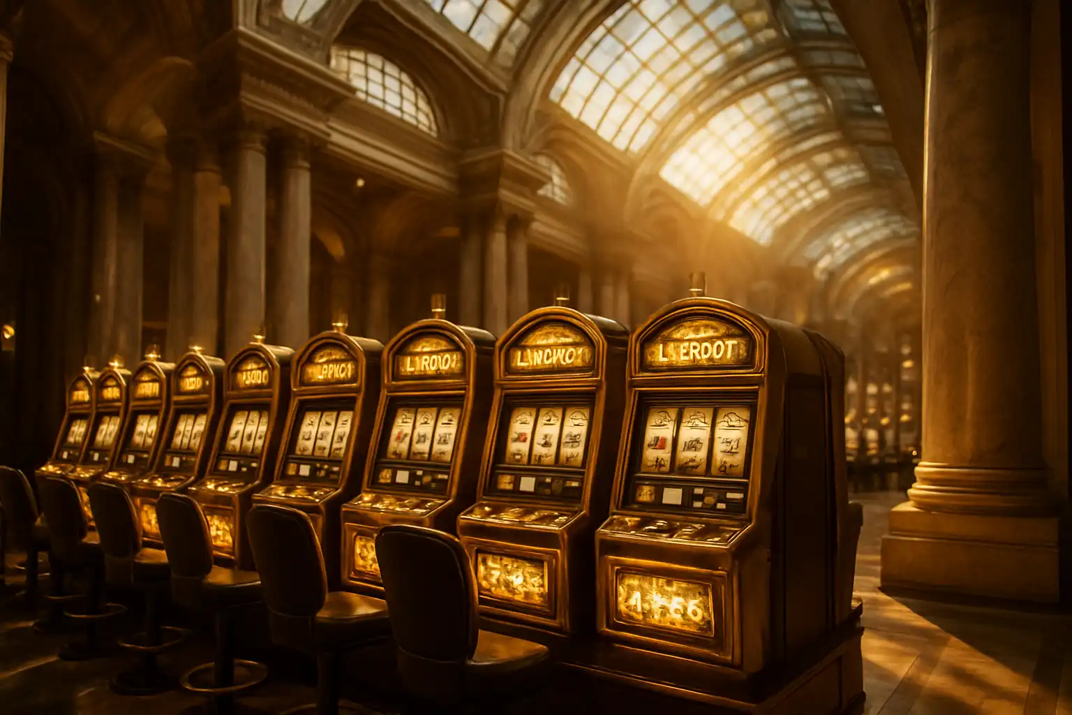 Rows of golden slot machines beneath a glass atrium ceiling