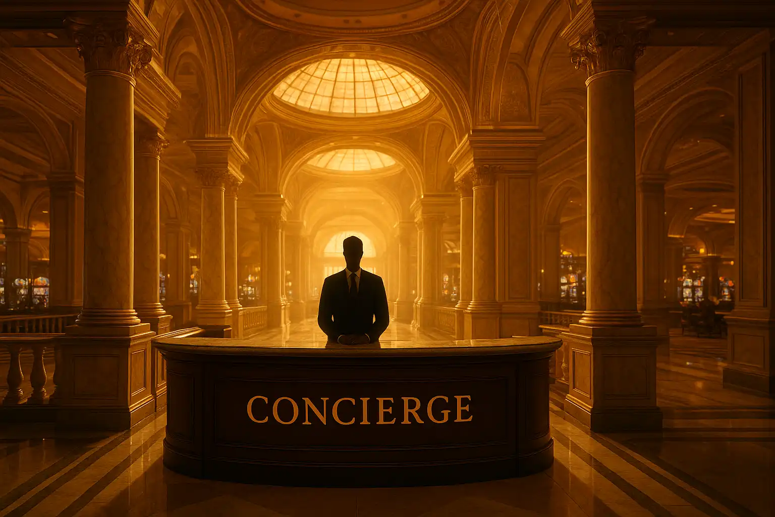 Concierge desk in a golden casino atrium with a support agent